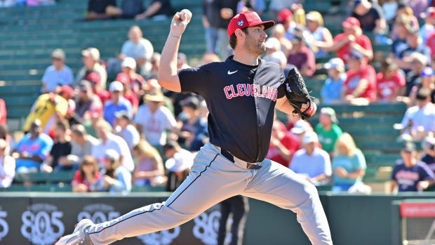 Feb 29, 2024; Tempe, Arizona, USA; Cleveland Guardians starting pitcher Gavin Williams (32) throws in the first inning against the Los Angeles Angels during a spring training game at Tempe Diablo Stadium.